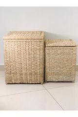 Sativus Hasır Sehpa 2'li Set (KAPAKLI SANDIK /DÜZENLEYİCİ/OYUNCAK SEPETİ) 45x40x40 , 55x50x50 Cm